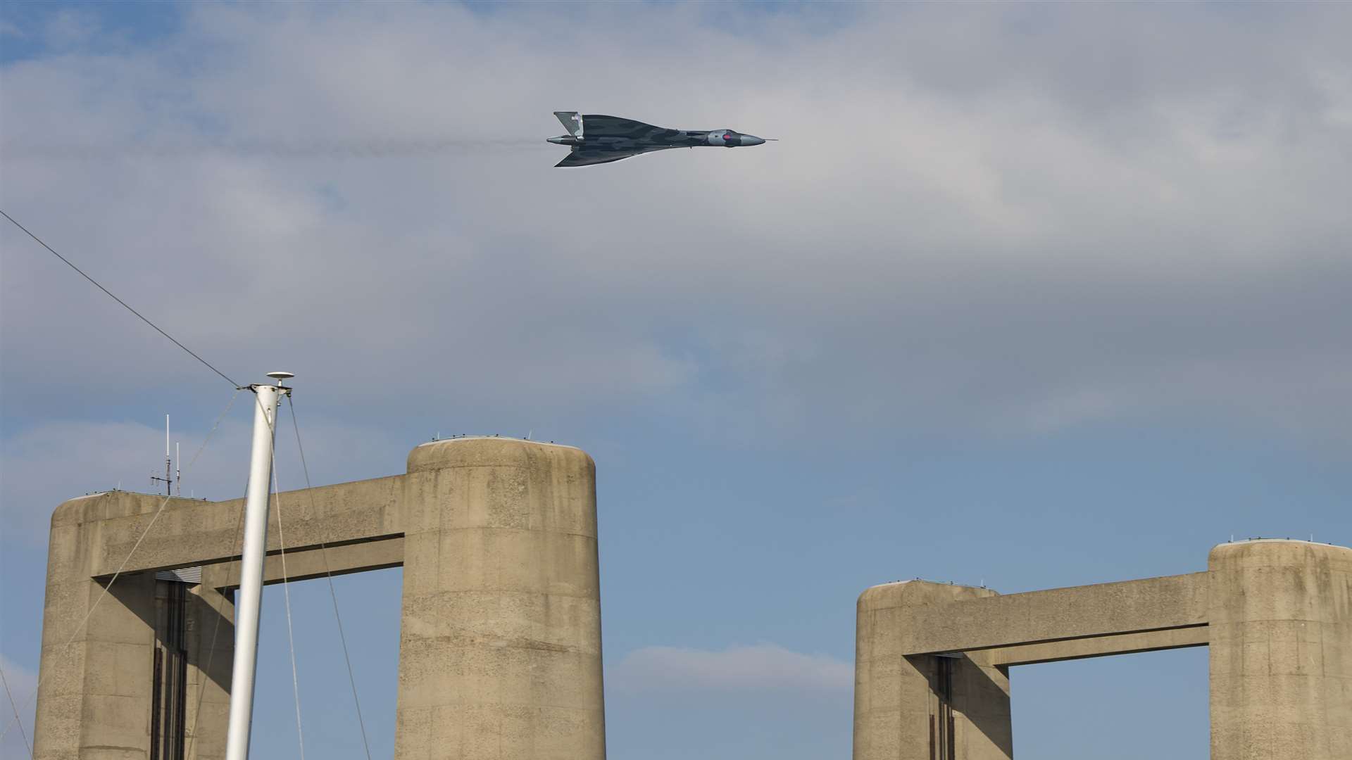 Vulcan XH588 flies over the Kingsferry Bridge on the Isle of Sheppey. Picture: Andy Payton.