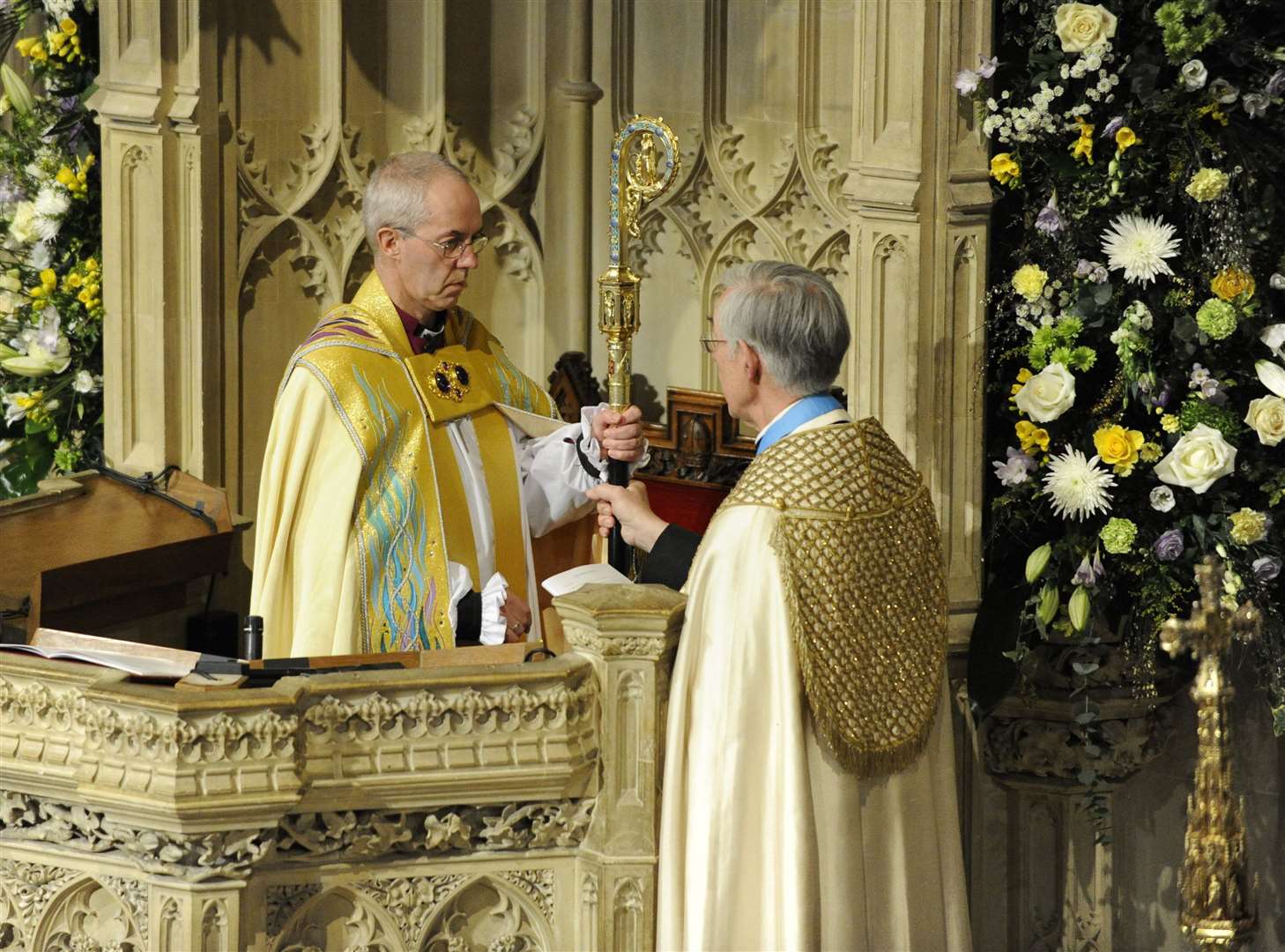 Justin Welby is enthroned as Archbishop of Canterbury by the Dean of Canterbury, The Very Reverend Robert Willis, in 2013. Picture: Andy Payton
