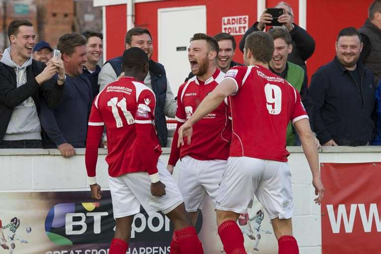 Billy Bricknell leads the Ebbsfleet celebrations Picture: Andy Payton