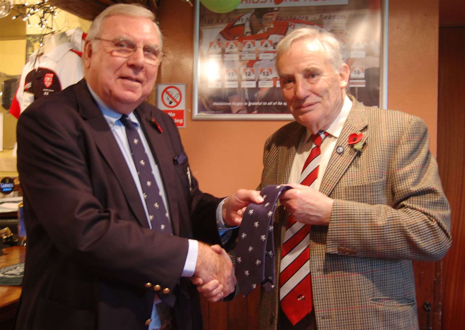 Robin Taylor, then president of the Rugby Football Union present a vice presidency tie to Ray Vale in 2008