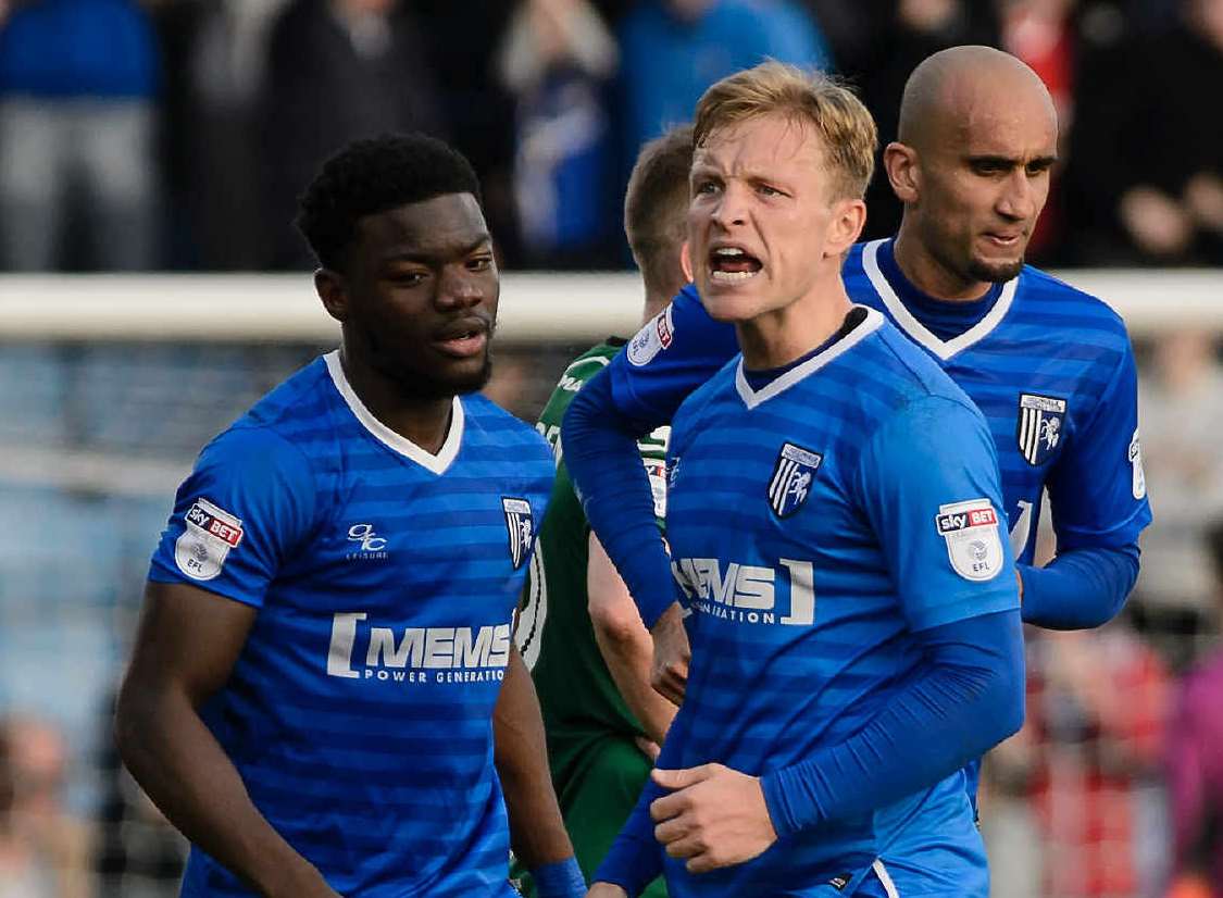 Josh Wright celebrates scoring for Gills against Scunthorpe. Picture: Andy Payton