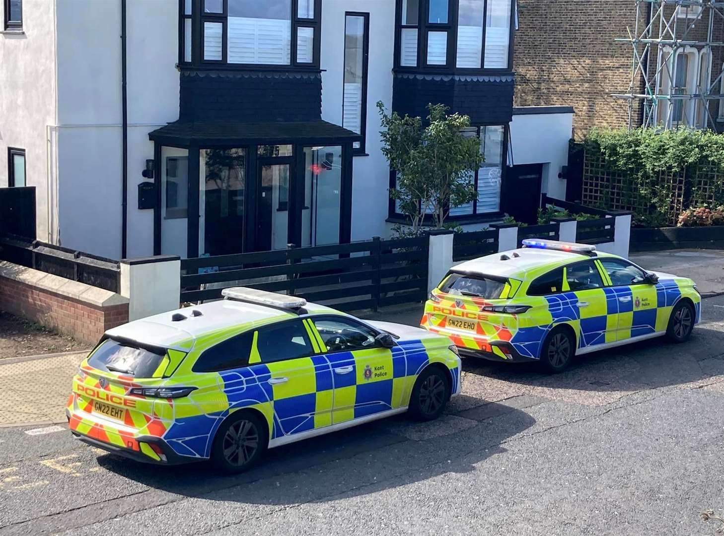 Police cars in Marine Parade, Sheerness after two assaulted people were taken to hospital. Picture: John Nurden