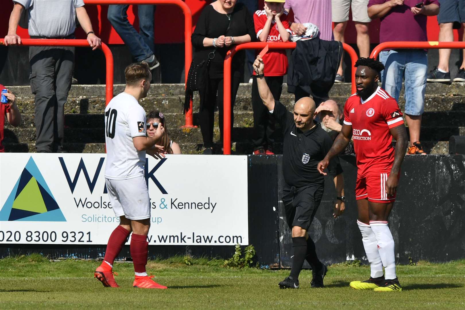 Chelmsford's Chez Isaac is sent-off by referee Matty Buonassisi against Welling. Picture: Keith Gillard (8874691)