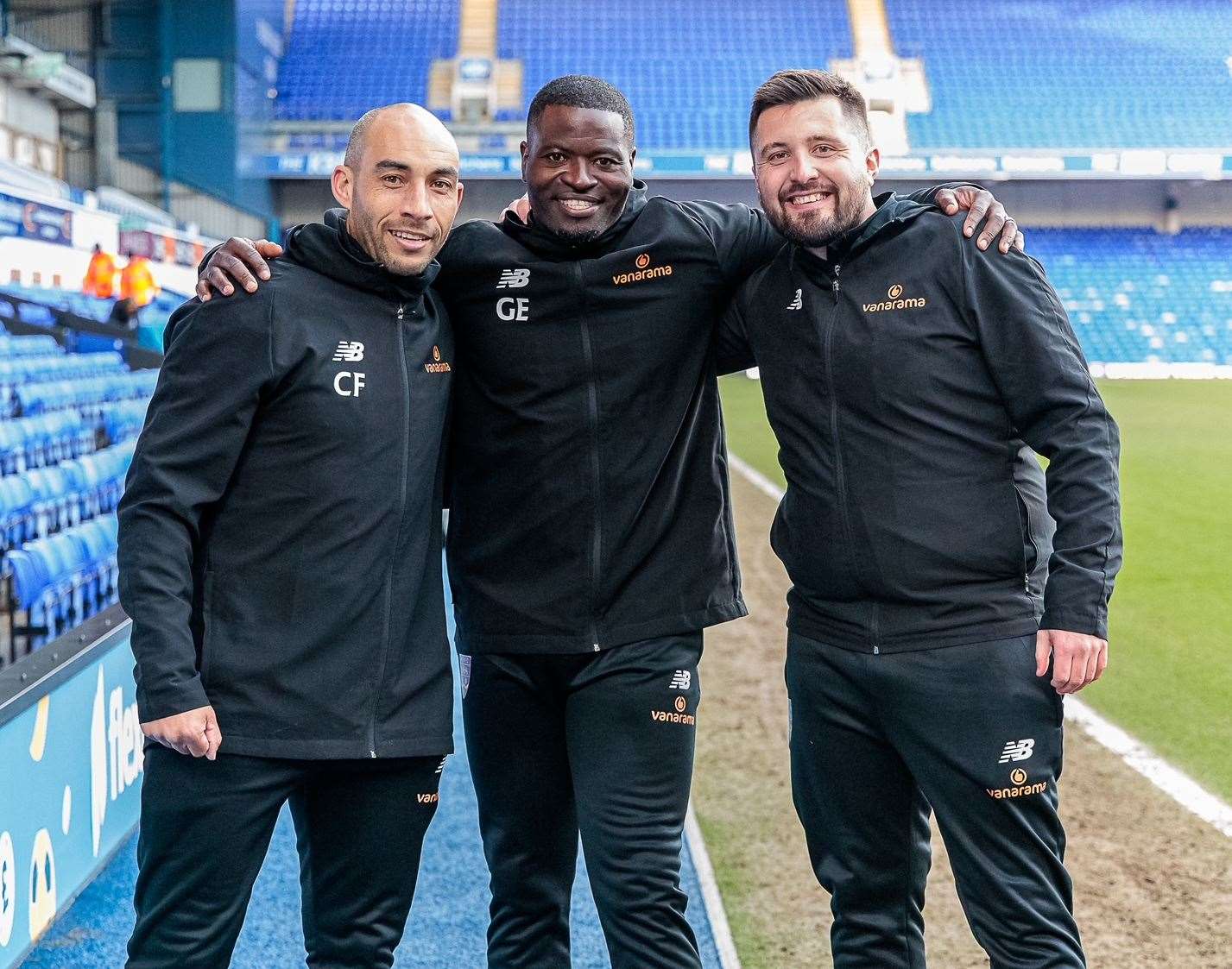 Maidstone United manager George Elokobi, centre, with assistant boss Craig Fagan and head of recruitment Zach Foster-Crouch after beating Ipswich. Picture: Helen Cooper