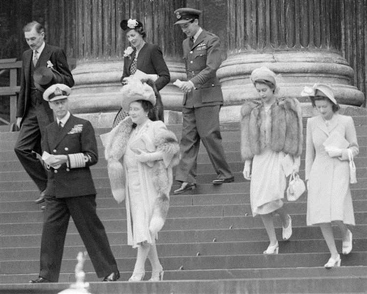 Group Captain Peter Townsend (centre), then an Equerry to the King, leaving St Paul’s Cathedral, London, with the Royal family (L-R front): King George VI, the Queen Mother, the future Queen and Princess Margaret. Picture PA