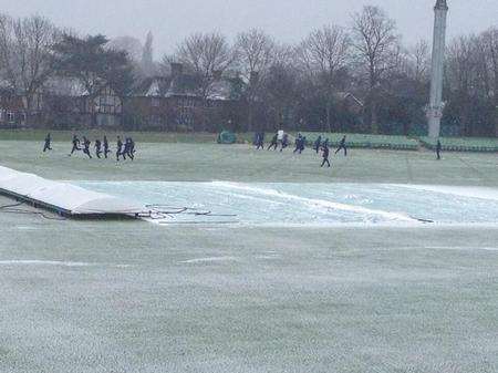 Kent cricketers train in the snow at the St Lawrence Ground in Canterbury. Picture: @kentcricket