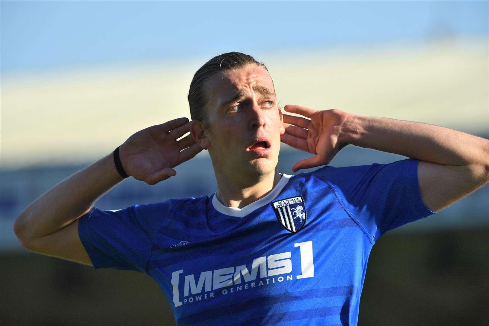 Tom Eaves gestures to the Plymouth fans after being taunted before his goals Picture: Andy Payton (1860922)