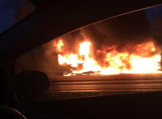 The vehicle is on fire on the A249. Picture: @BillyTillett