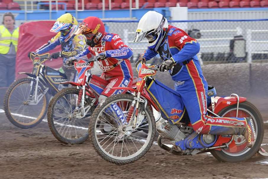 Adam Kirby, middle, awaits the restart of heat two against Kings Lynn Young Stars