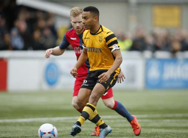 Maidstone winger Vas Karagiannis takes the game to Weston Picture: Martin Apps