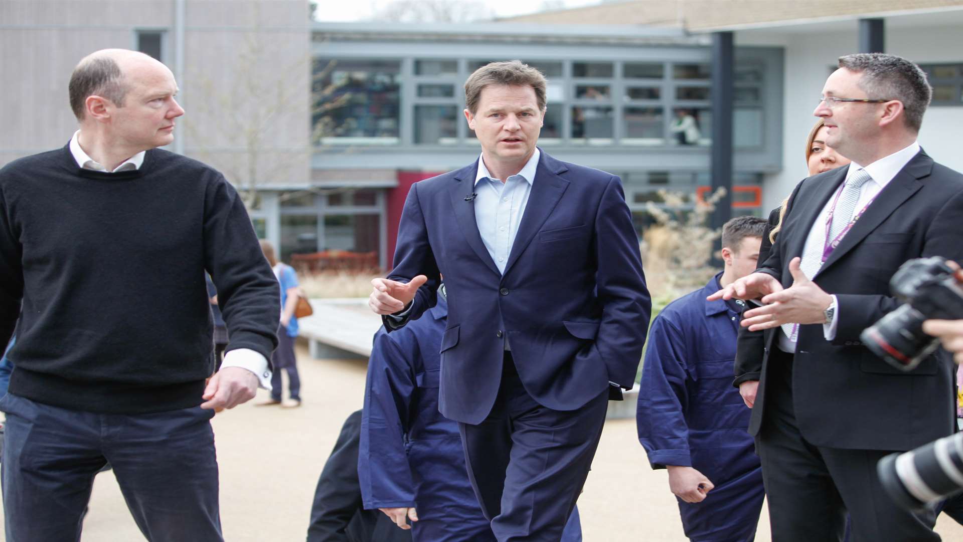 Nick Clegg met with Maidstone and the Weald Liberdal Democrat candidate candidate Jasper Gerard and Mid Kent College principle Simon Cook