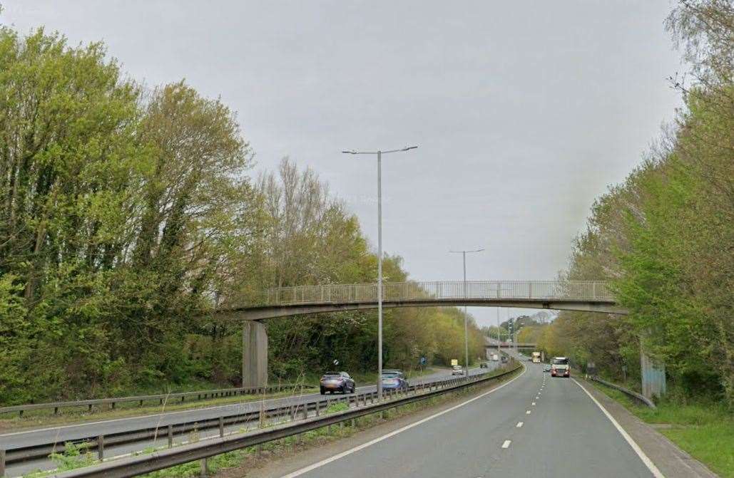 The coastbound carriageway of the A2 Boughton Bypass is shut following a crash. Picture: Google