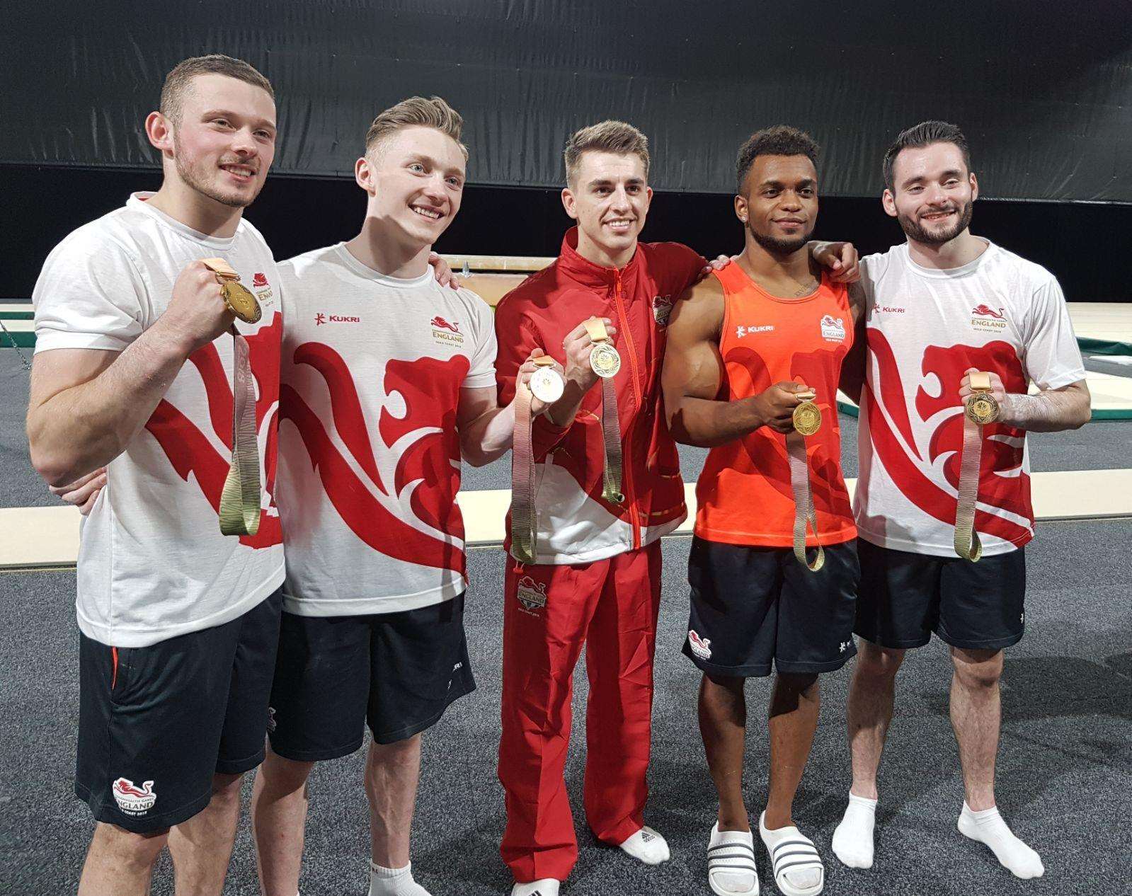 England team gold medallists Dom Cunningham, Nile Wilson, Max Whitlock, Courtney Tulloch and James Hall