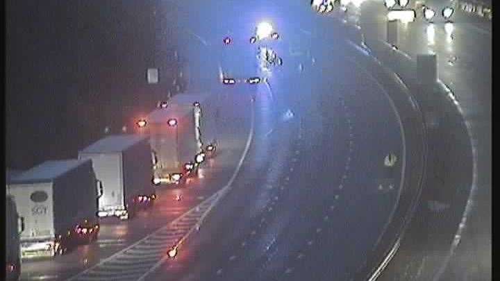Lorries queuing on the coastbound carriageway of the M20 at Junction 8. Picture: KCC Highways