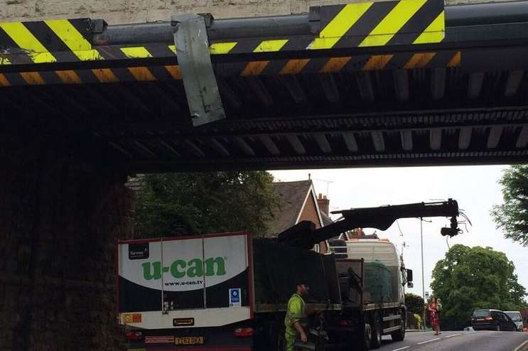 Damage to the bridge after being hit by a lorry. Picture: Catherine Stratford