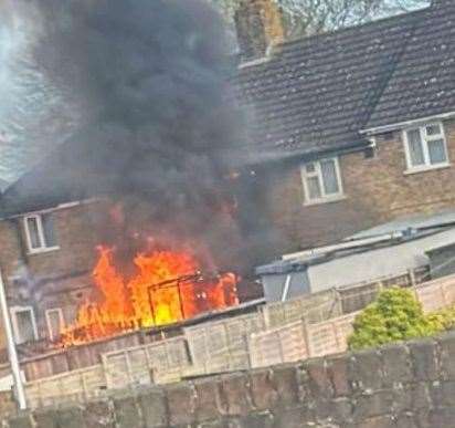 The fire appears to be coming from a trampoline in a back garden. Picture: Jackie Thompson