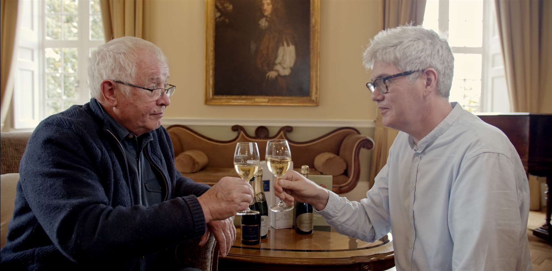 Tony Laithwaite Great Park winemaker and filmmaker Frank Mannion share a toast