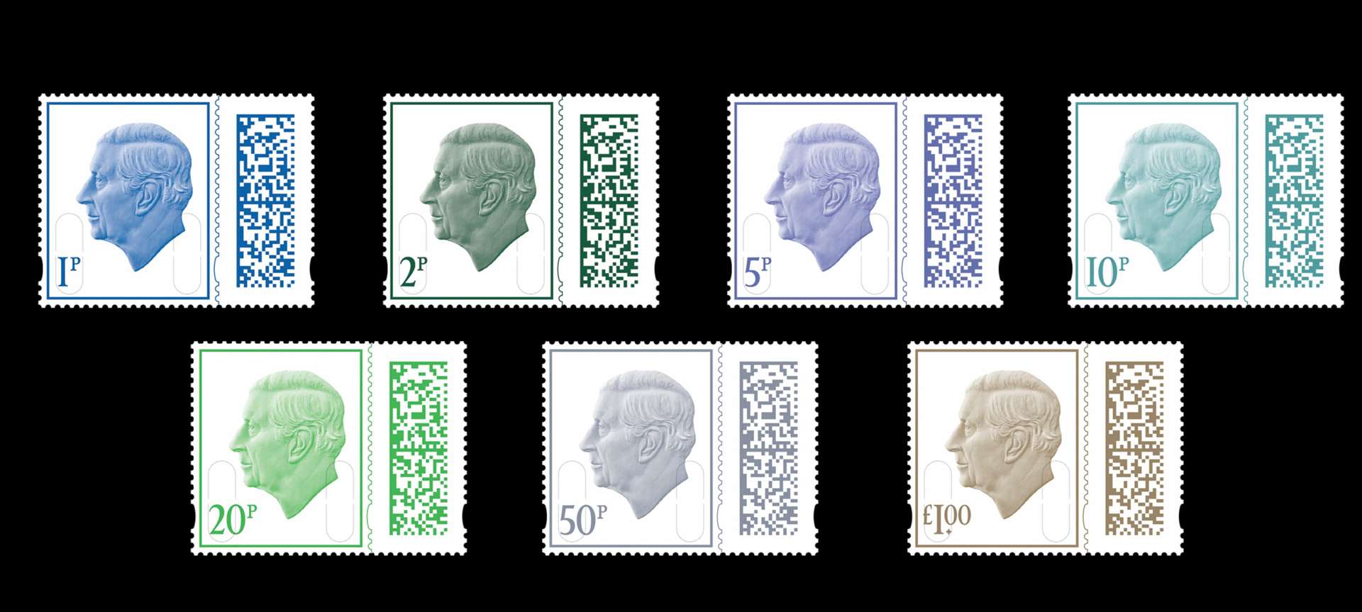 The stamps range in value from 1p to £5