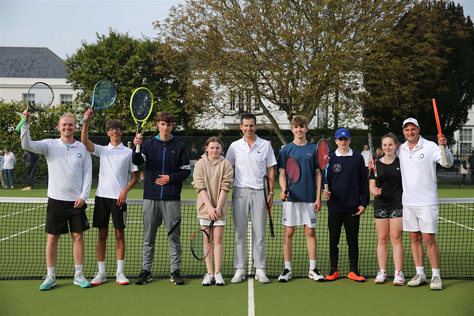 Tim Henman flanked by the Deal Performance Squad, with Toby Churchill, LTA Level 4 senior performance coach, on the far left, and Ryan Hockley, Captain of the Men’s Team, far right. Picture: Katie Garrod