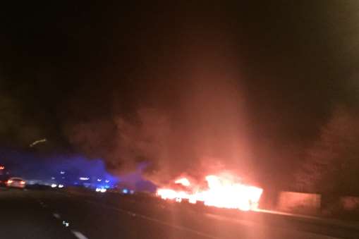 A crash and lorry fire has closed part of the M20
