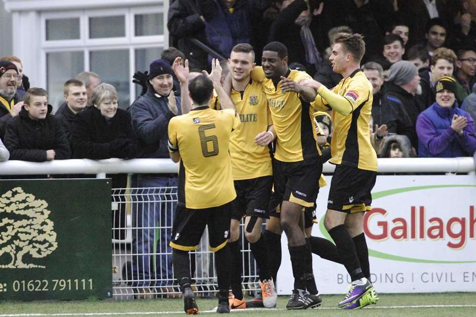 Maidstone celebrate Jack Parkinson's goal during a 7-2 win over Hampton & Richmond at the Gallagher on Saturday. Picture: Martin Apps