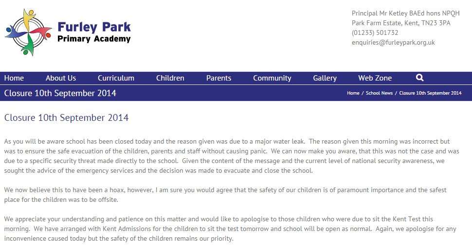 A statement on the Furley Park Primary Academy website