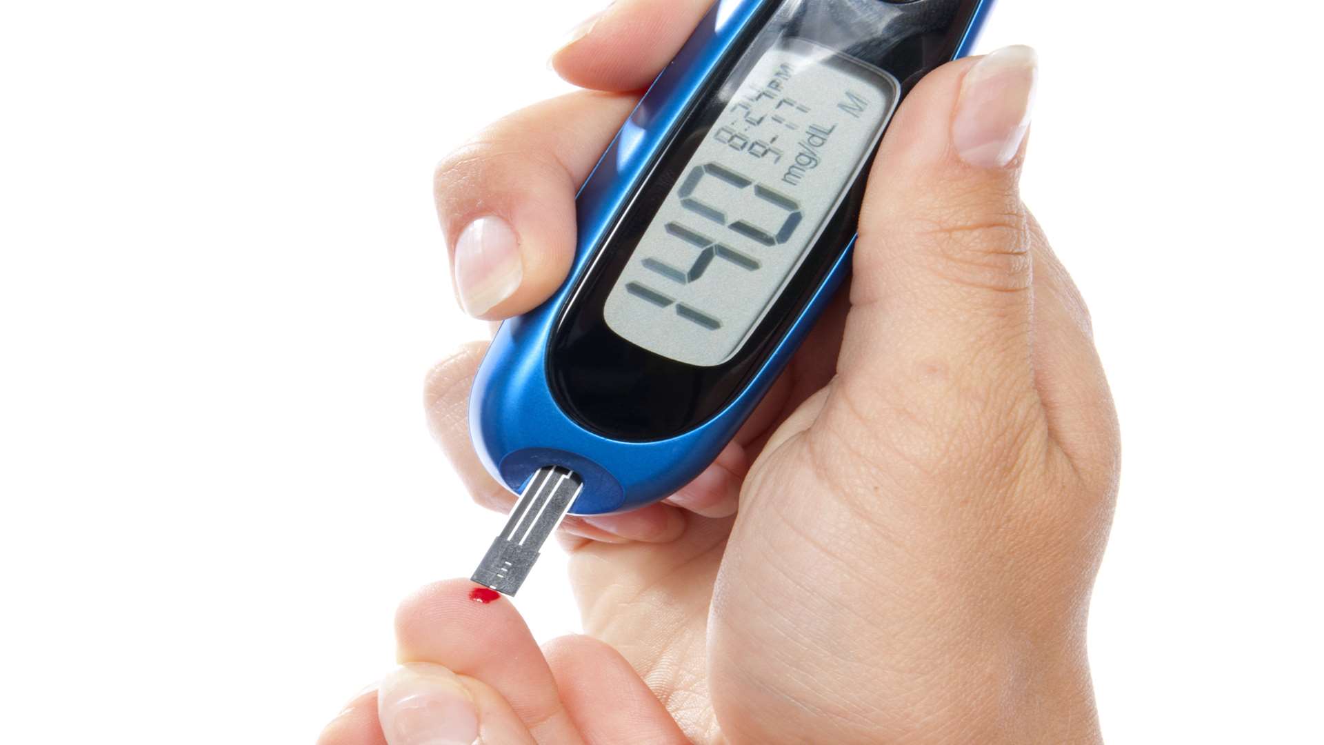 Diabetes patient measuring glucose level blood test.