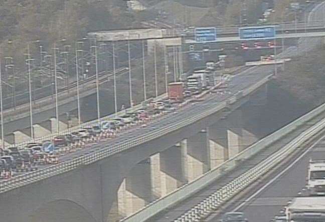 Traffic is queuing on the M2, near Rochester, after a lorry fire on Wednesday night. Picture: National Highways