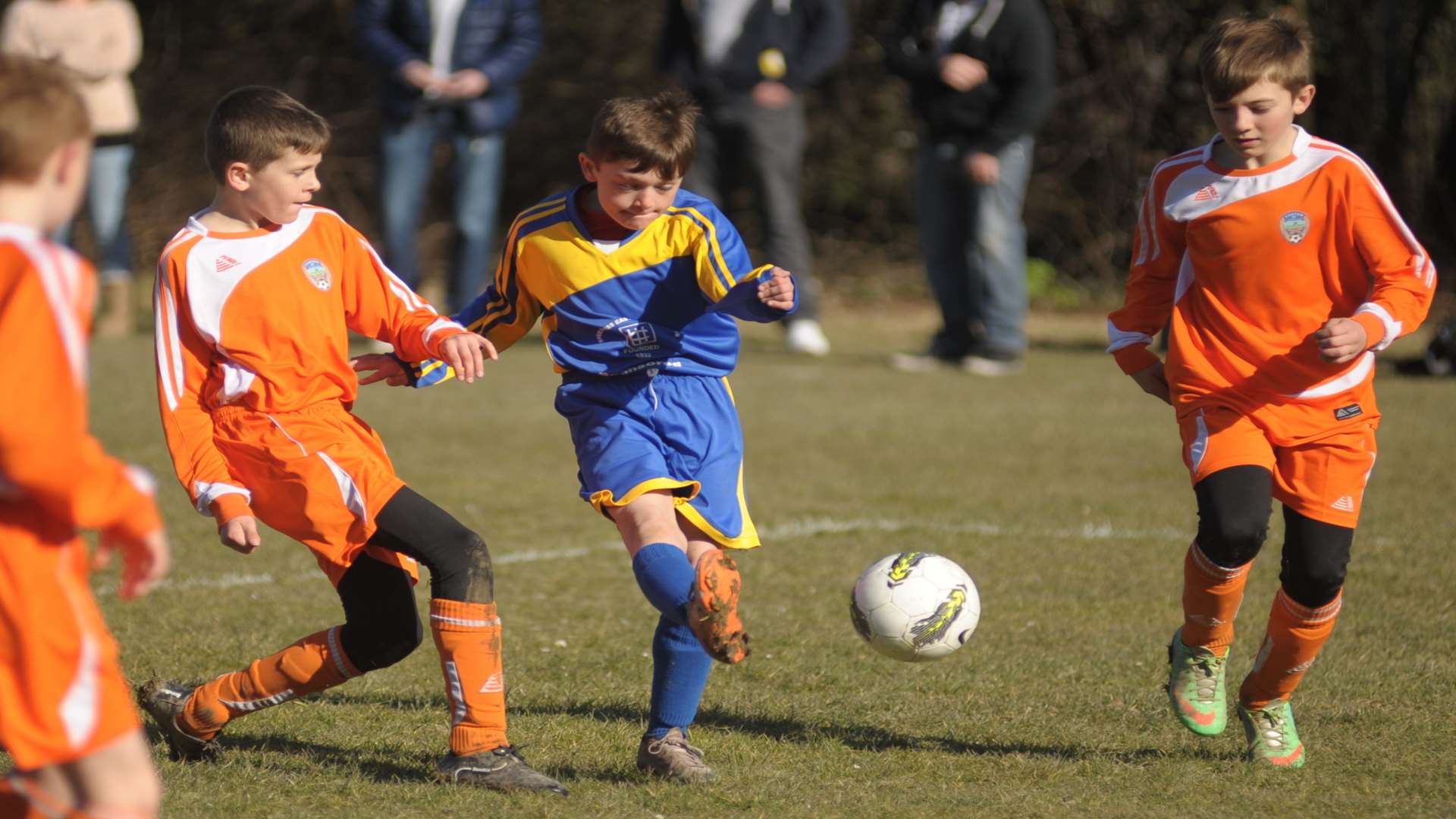 Sheerness East under-11s in possession against Cuxton 91 in Division 2 Picture: Steve Crispe