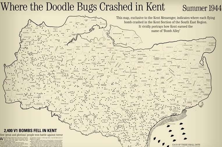 A map printed in the Kent Messenger showing where the VI flying bombs fell in the county