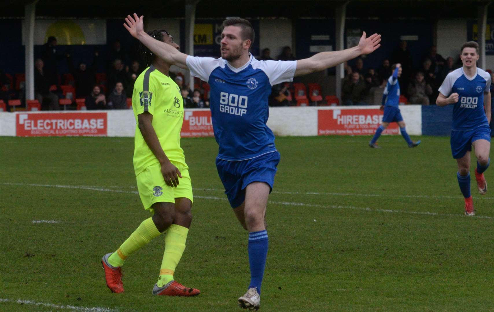 Danny Leonard celebrates after scoring the opening goal for Herne Bay against Hastings on Saturday Picture: Chris Davey