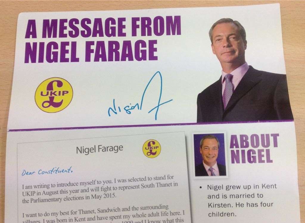 Nigel Farage South Thanet candidate leaflets delivered to homes in Betteshanger