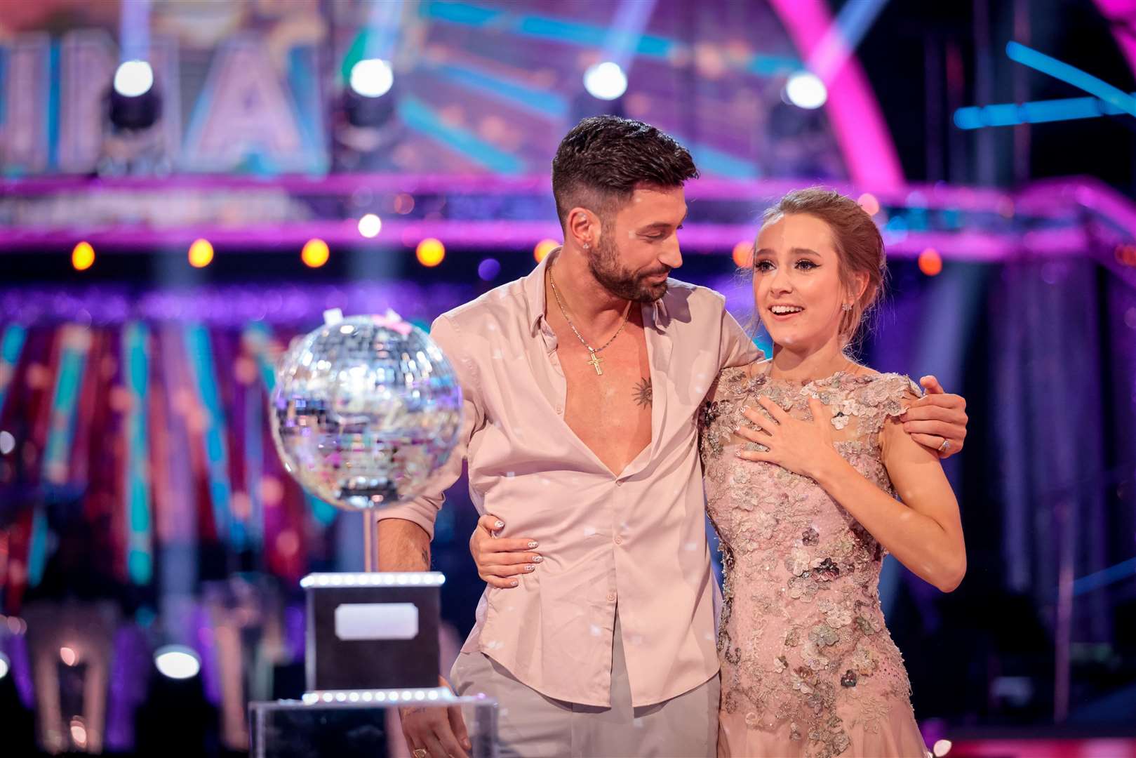 Giovanni and celeb partner Rose Ayling-Ellis with the glitterball trophy during the final of Strictly Come Dancing 2021. Picture: BBC