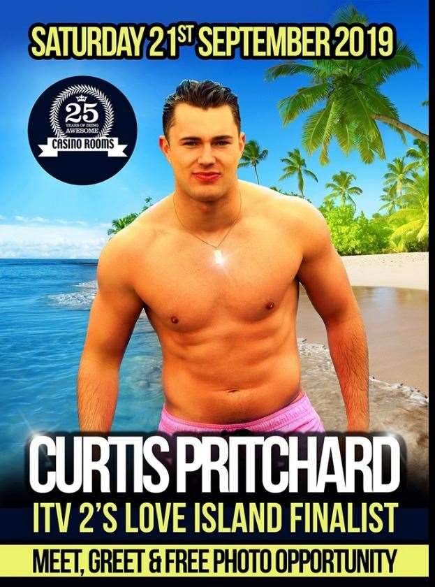 Love Island finalist Curtis Pritchard will host a meet and greet at Casino Rooms, in Rochester. Pic: Casino Rooms Facebook (14839718)