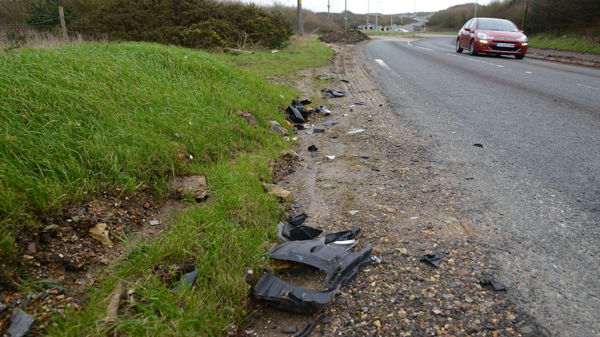 Last traces of the minibus and car crash at Capel-le-Ferne as seen next day.