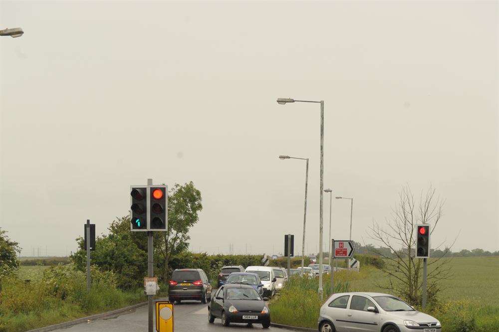 Traffic lights at the Lower Road/Barton Hill Drive junction in Sheppey.