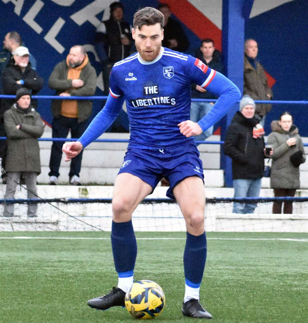 Lewis Knight on the ball for Margate in their 2-0 derby loss at home to Folkestone on New Year’s Day. Picture: Randolph File