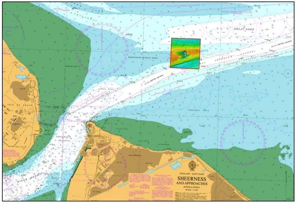 Map of the wreck of the SS RIchard Montgomery Second World War bomb ship underwater off Sheerness on the Isle of Sheppey. Picture: Maritime & Coastguard Agency (12013600)
