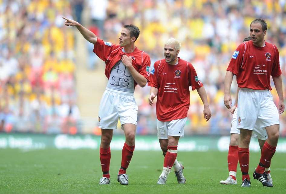 Chris McPhee celebrates scoring the winner for Ebbsfleet in the 2008 FA Trophy Final at Wembley