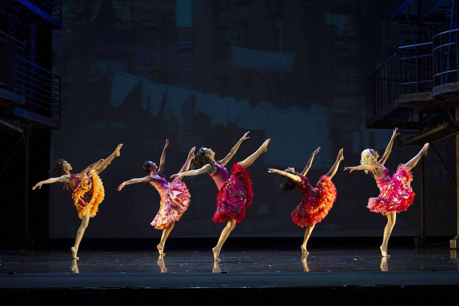 Djalenga Scott (centre) leads the hopeful group of Puerto Rican girls in West Side Story