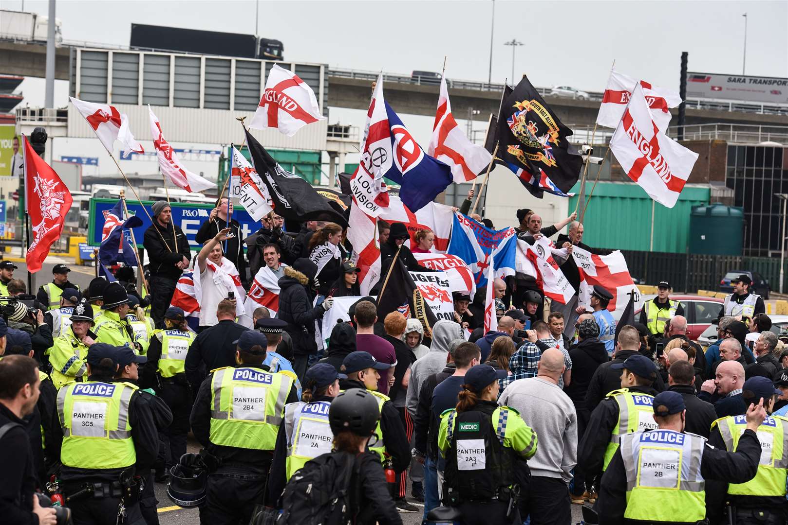 The far right protestors escorted by the police at an earlier march this year