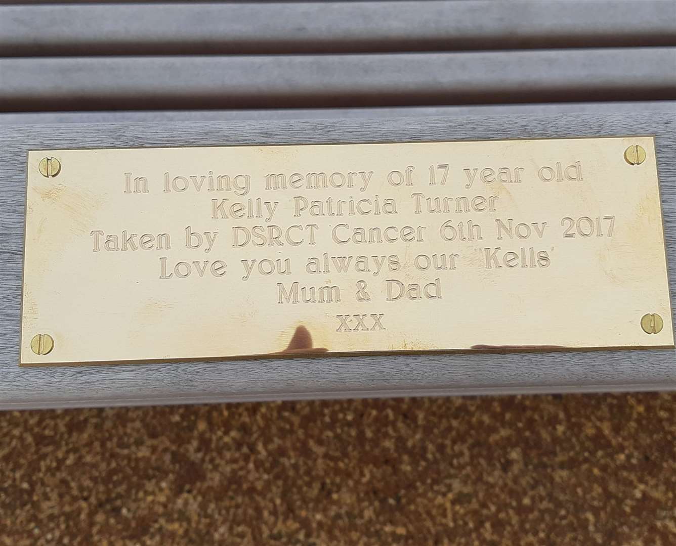 The plaque for Kelly's bench. Picture: Sam Lennon