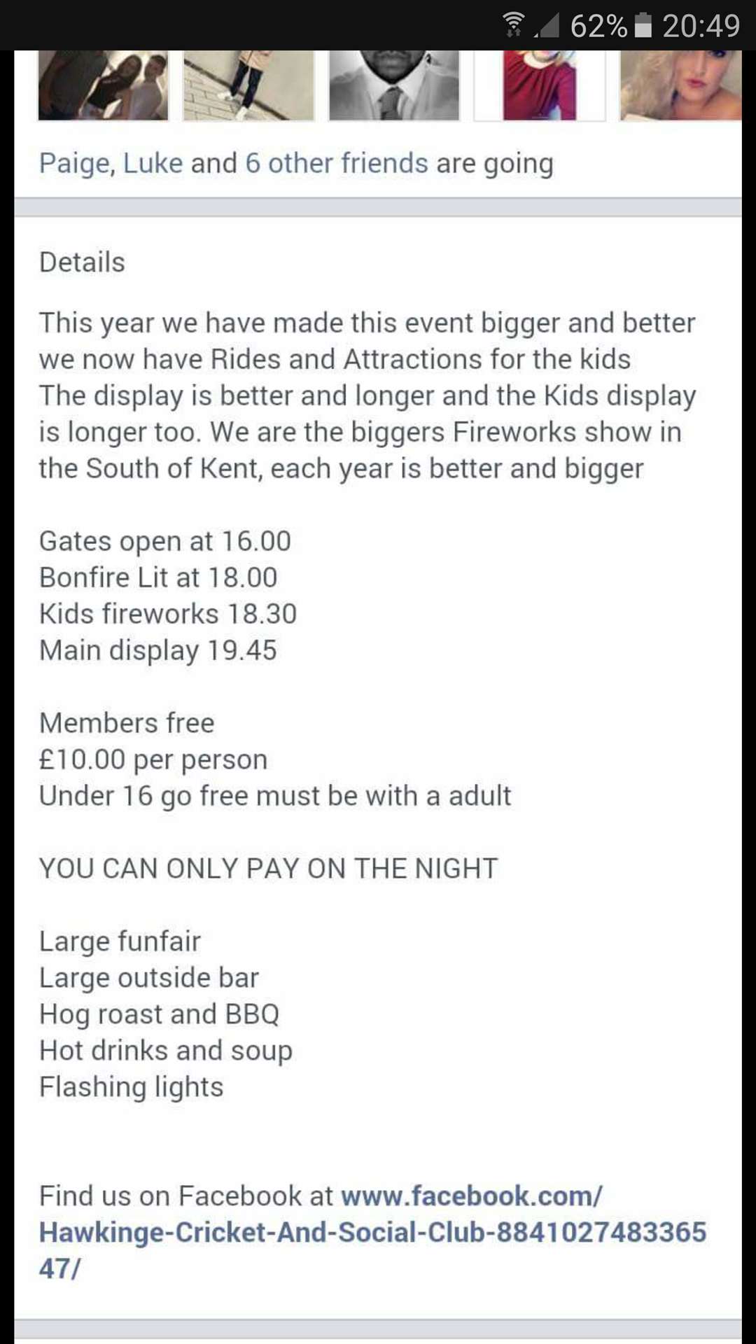 Hawkinge Cricket Club's Facebook posting promoting its firework display