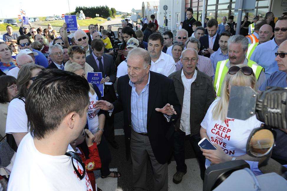 On the day of its closure, Sir Roger Gale explains to campaigners the latest offer by RiverOak to buy Manston has been turned down. Picture: Tony Flashman