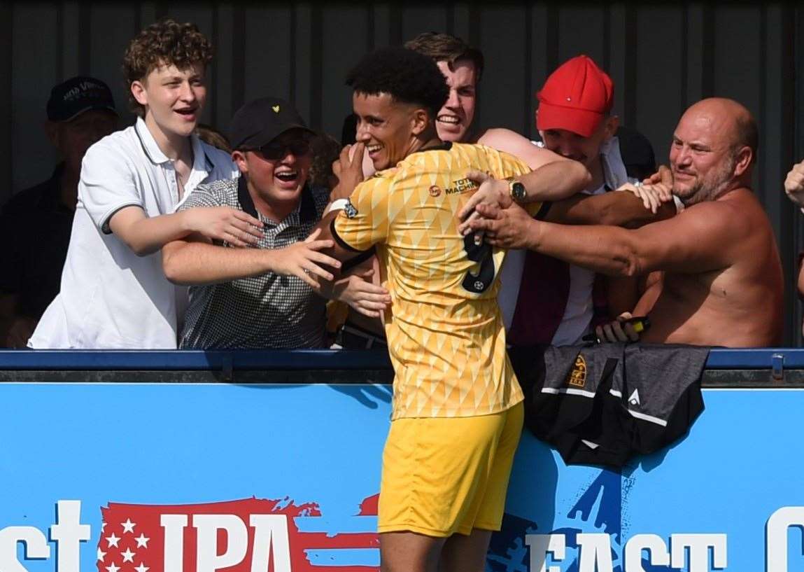 Sol Wanjau-Smith celebrates with Stones fans after making it 2-0. Picture: Steve Terrell