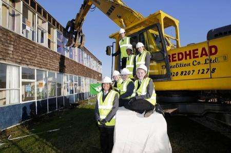 Pupils at Brompton Academy getting ready to have their school demolished