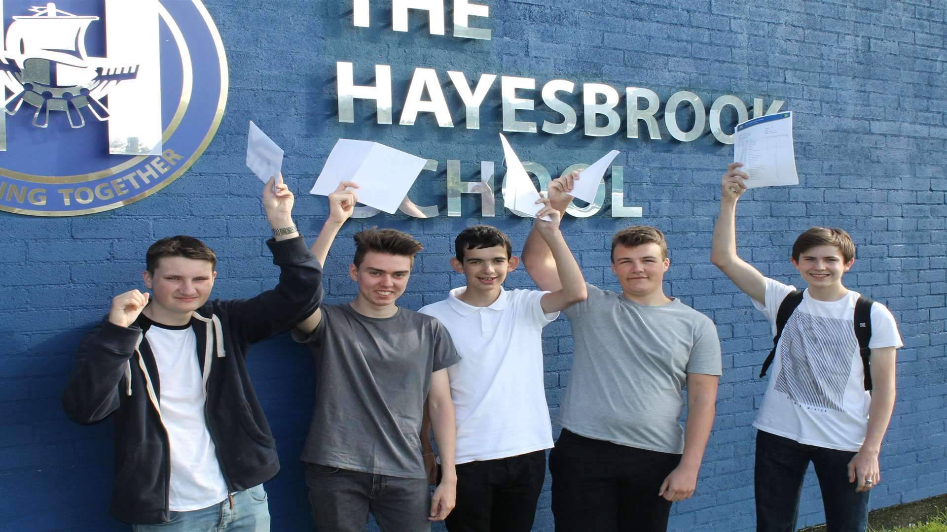 GCSE results day at Hayesbrook School in Tonbridge. Aiden Church, Charlie Piper-Gamage, Edward Rugg, Piers Carlton, Illya Freeman