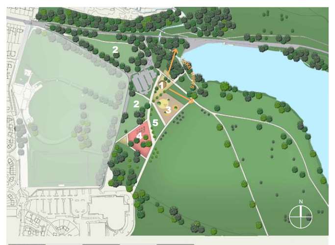 Plans showing the layout of the proposed Adventure Zone. Zone 1 is the cafe and visitor centre, zone 2 is overflow car parking, zone 3 is the enhanced playground, zone 4 is the adventure zone, and zone 5 is for future use.