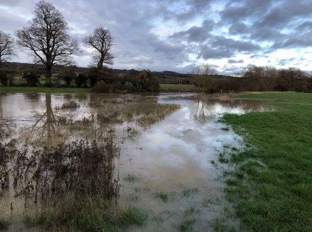 Flooding by the River Beult on land destined to be part of the chicken farm