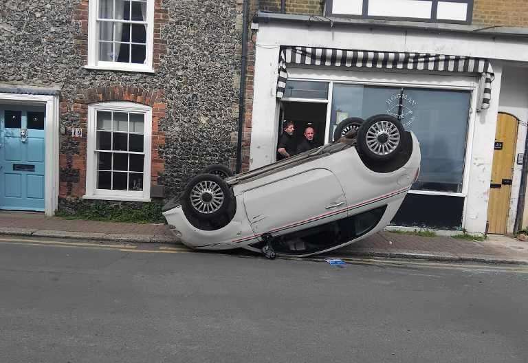 The car overturned in St Peter’s High Street outside Hogman Family Butchers. Picture: Nicole Morrell